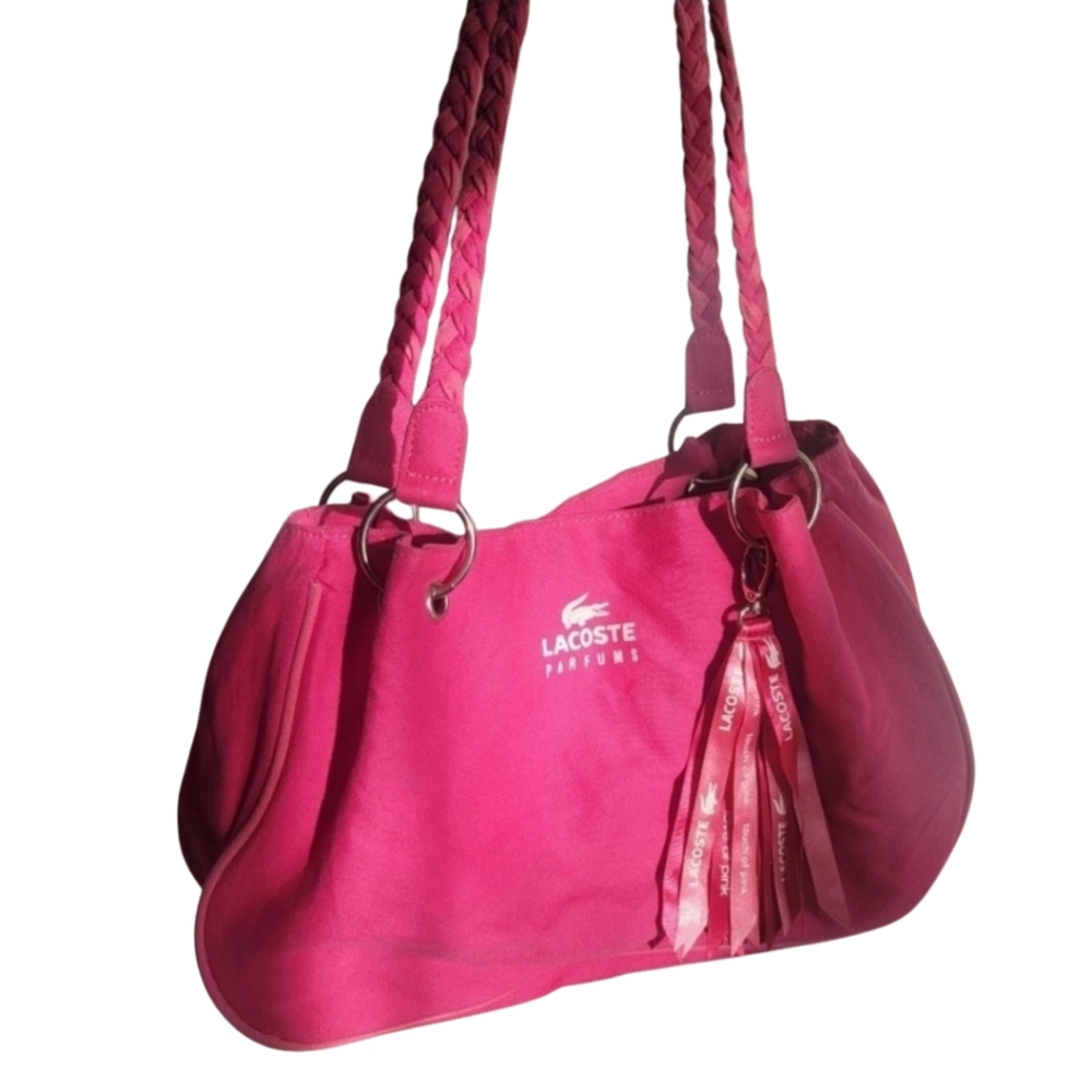 Lacoste Vintage Parfums Cosmetic Purse Braided Handle Tote Pink Bag Medi…